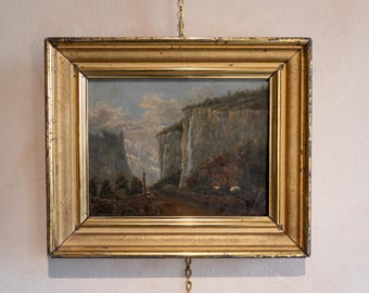 Antique Landscape Oil Painting, Antique Mountains Oil Painting, Antique Swiss Oil Painting, Antique Gold Gilt Frame, Original, 19th Century