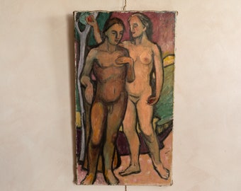 Grande peinture ancienne d'Adam et Eve la tentation des années 1920 - Huile sur toile