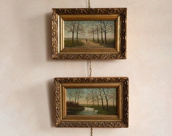 Une paire de scènes de paysage des années 30 - Peintures à l'huile sur bois dans un cadre doré