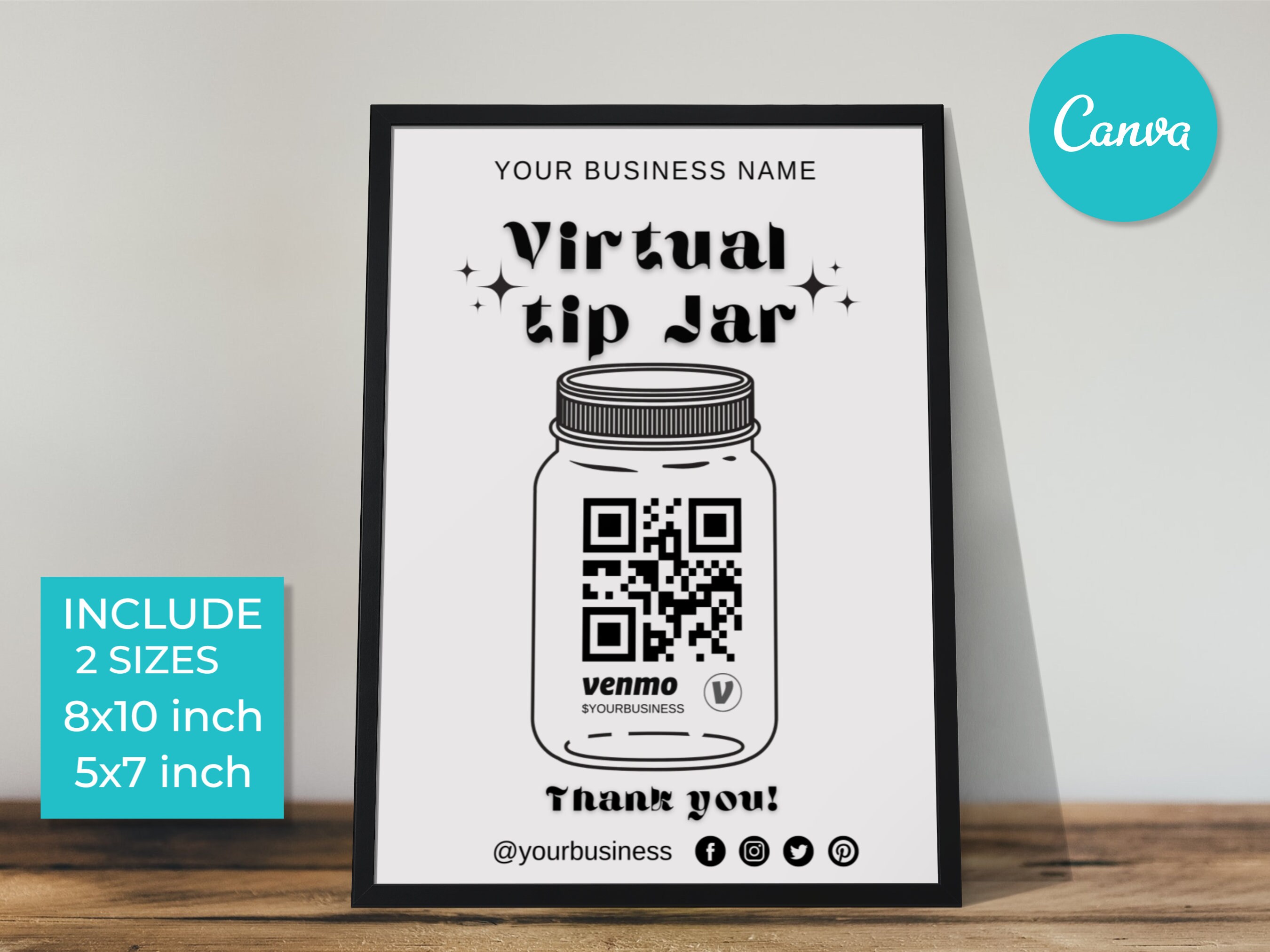 Printable Virtual Tip Jar Venmo Payment Sign, Editable Tips Accepted
