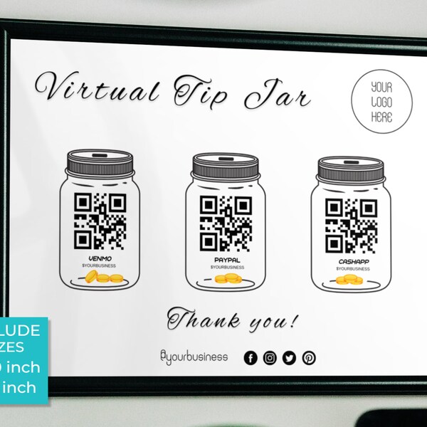 Virtual Tip Jar Venmo Cashapp Paypal Payment Sign, Scan To Pay, QR Code Sign Template, Editable Tips Accepted Sign Canva, Instant Download
