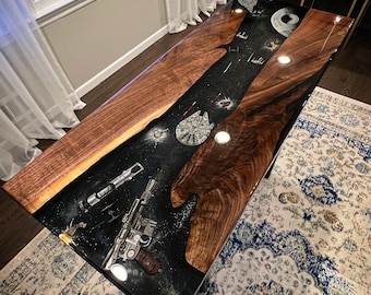 Hand-Painted Star Wars Epoxy River Table: Live Edge Walnut Console.