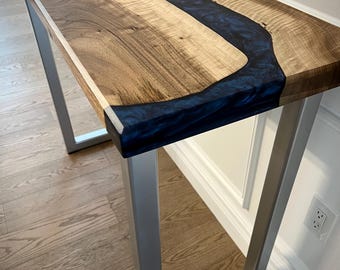 Handmade Live Edge Black Walnut Epoxy River Console Table.