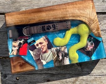 Custom Dog Memorial Board: Epoxy Resin Keepsake with Embedded Collar, Photos.