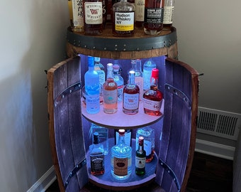 Handmade Whiskey Barrel Bar: Rustic Home Mini Bar with LED