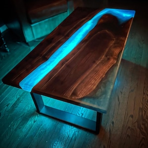 Handmade Black Walnut Epoxy River Coffee Table with LED Lights