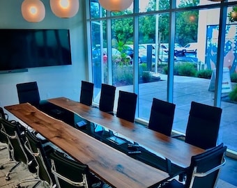 Handmade Black Walnut River Conference Table: Live Edge Epoxy Boardroom Table.