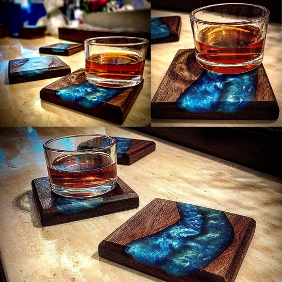 Epoxy and Wood River Table Coaster Set Wood Coaster Drink Coasters