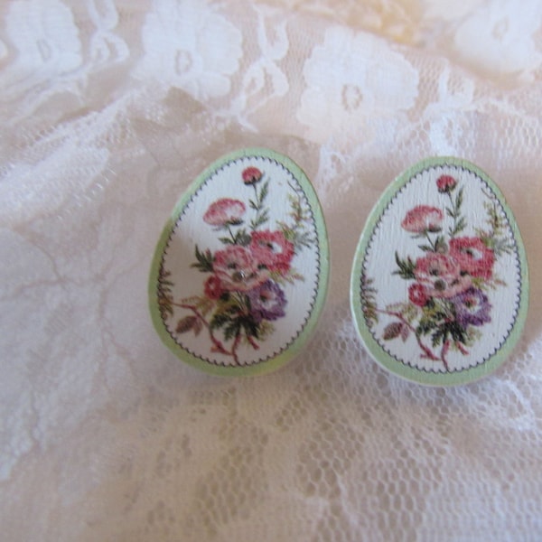 Easter egg earrings, stud earrings,  hand painted  wooden button earring, painted flowers with pale green edge, free shipping.