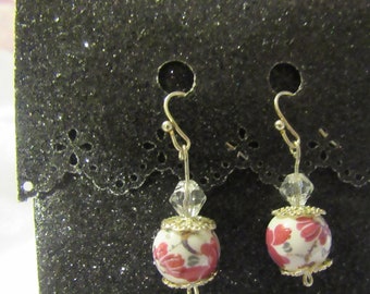 Hand made hand painted roses bead and Swarovski crystals dangle earrings.