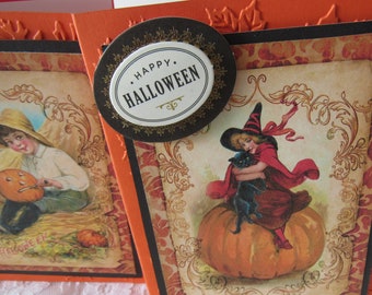 Handmade Halloween notecards, vintage, with FREE CARD, verse optional, orange with black frame, gold foil trim, envelopes.