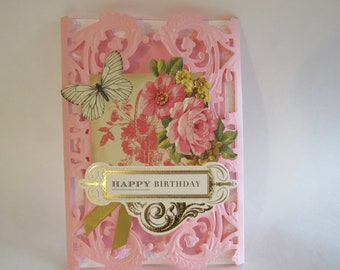 Pink birthday card. FREE CARD, several die cuts, embossed,  nice  verse inside,  roses and gold foil trim.  Envelope included.