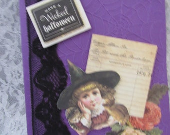 Witch Halloween card, FREE CARD/SHIPPING, purple, embossed spider webs, witch, cats, black lace, gems, autumn florals