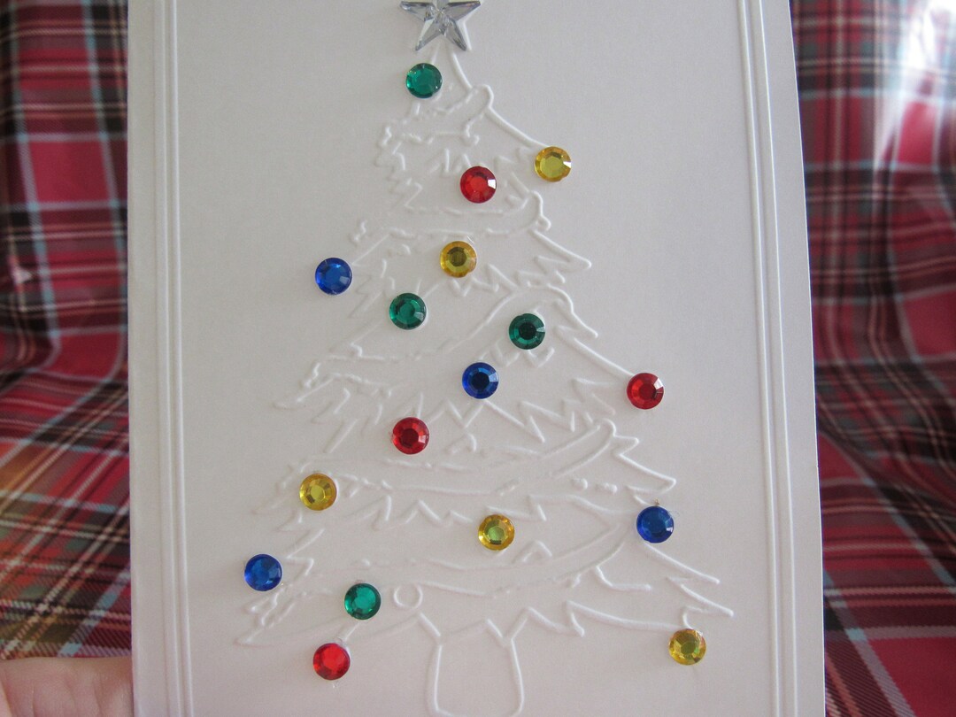 8 Handmade Embossed Christmas Tree Cards With Rhinestone Ornaments