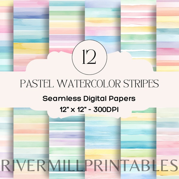 12 Seamless Pastel Watercolor Stripes Digital Papers, 300DPI JPG Files Digital Download Commercial License - Card Making - Scrapbooking