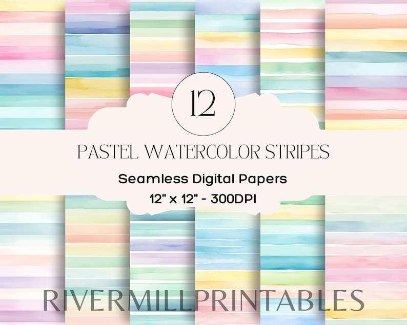 May include: Twelve pastel watercolor stripe digital papers, each measuring 12 inches by 12 inches at 300 DPI. The papers feature a seamless pattern of horizontal stripes in various pastel colors.