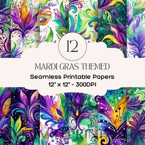 12 carte digitali a tema Mardi Gras senza soluzione di continuità, file JPG da 300 DPI, download digitale, licenza commerciale - Creazione di biglietti - Scrapbooking