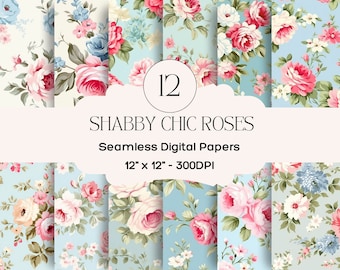 12 Seamless Shabby Chic Roses Digital Papers, 300DPI JPG Files Digital Download Commercial License - Card Making - Scrapbooking