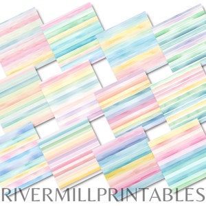 May include: A set of 12 digital papers featuring watercolor stripes in pastel colors. The stripes are horizontal and have a soft, faded look. The colors include pink, blue, yellow, green, and purple.