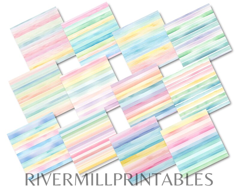 May include: A set of 12 digital papers featuring watercolor stripes in pastel colors. The stripes are horizontal and have a soft, faded look. The colors include pink, blue, yellow, green, and purple.