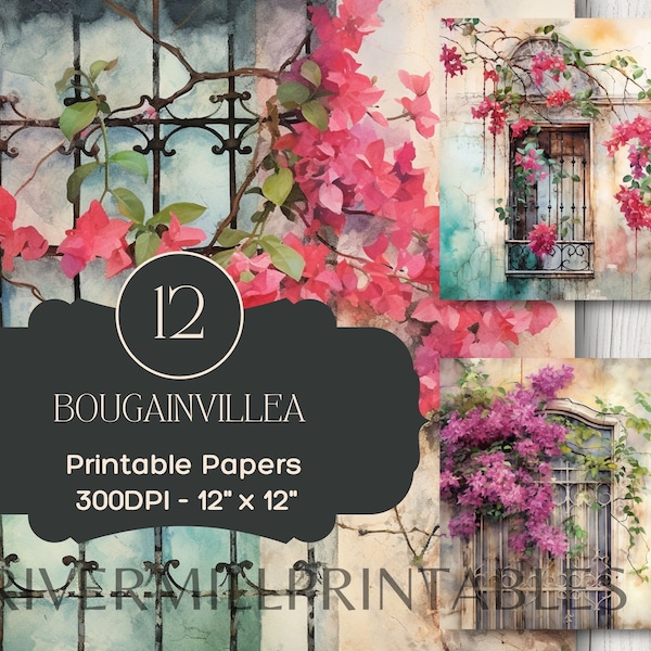 12 Bougainvillea on Iron Work Printable Papers, 300DPI JPG Files Digital Download Commercial License - Scrapbooking - Junk Journal