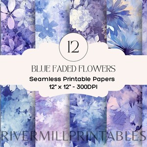 Papeles digitales con flores envejecidas descoloridas en tonos violeta azulado, archivos JPG de 300 ppp, descarga digital, licencia comercial, fabricación de tarjetas, álbumes de recortes