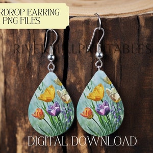 Spring Flowers Sublimation Earring Designs Template PNG, Instant Digital Download, Earring Blanks Design, Teardrop Earring PNG