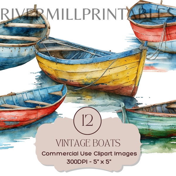 12 Vintage Canoe Clipart Images, 300DPI PNG Files, Digital Download - Commercial License - Card Making - Printable Boating Lake Life