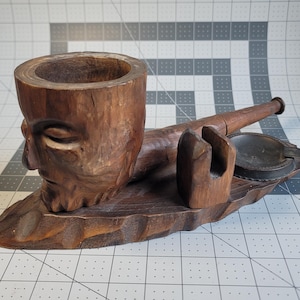 Vintage Carved Wooden Pipe Smokers Companion Stand Rack Ashtray Matchbook Holder