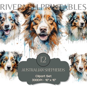 12 Watercolor Australian Shepherd Dogs Clipart, 300DPI PNG Files, Digital Download - Commercial License - Card Making - Printable