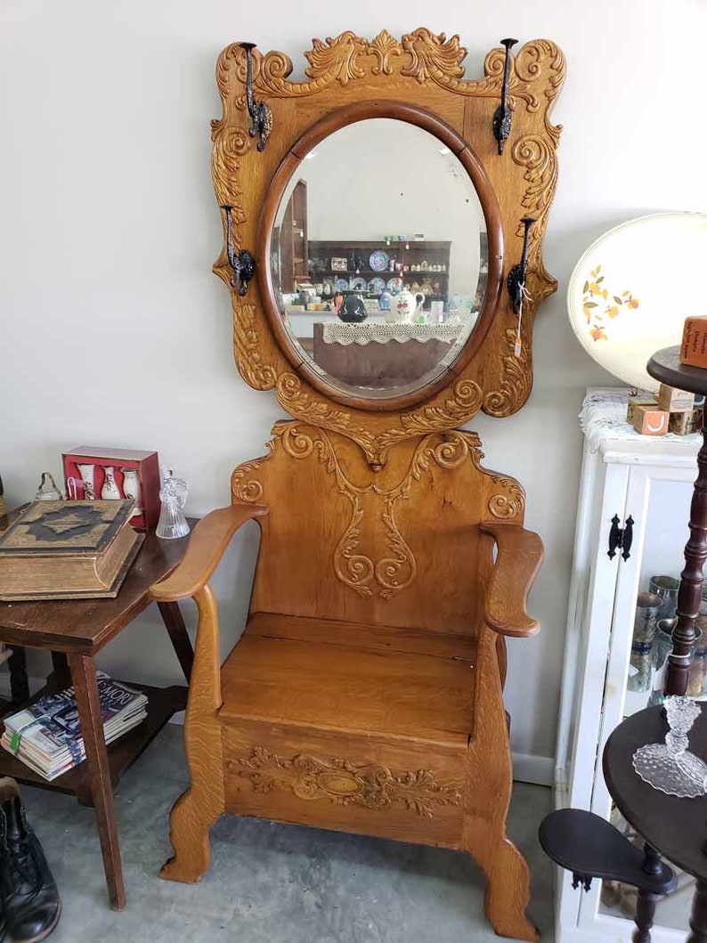 Antique Ornate Oak Hall Tree With Mirror Lift Up Storage Seat