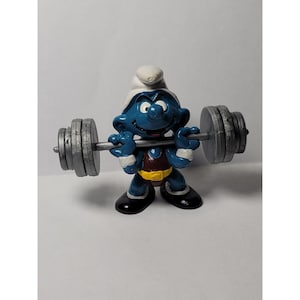 Vintage Super Smurf Weightlifter with Barbell 1980 Peyo Schleich