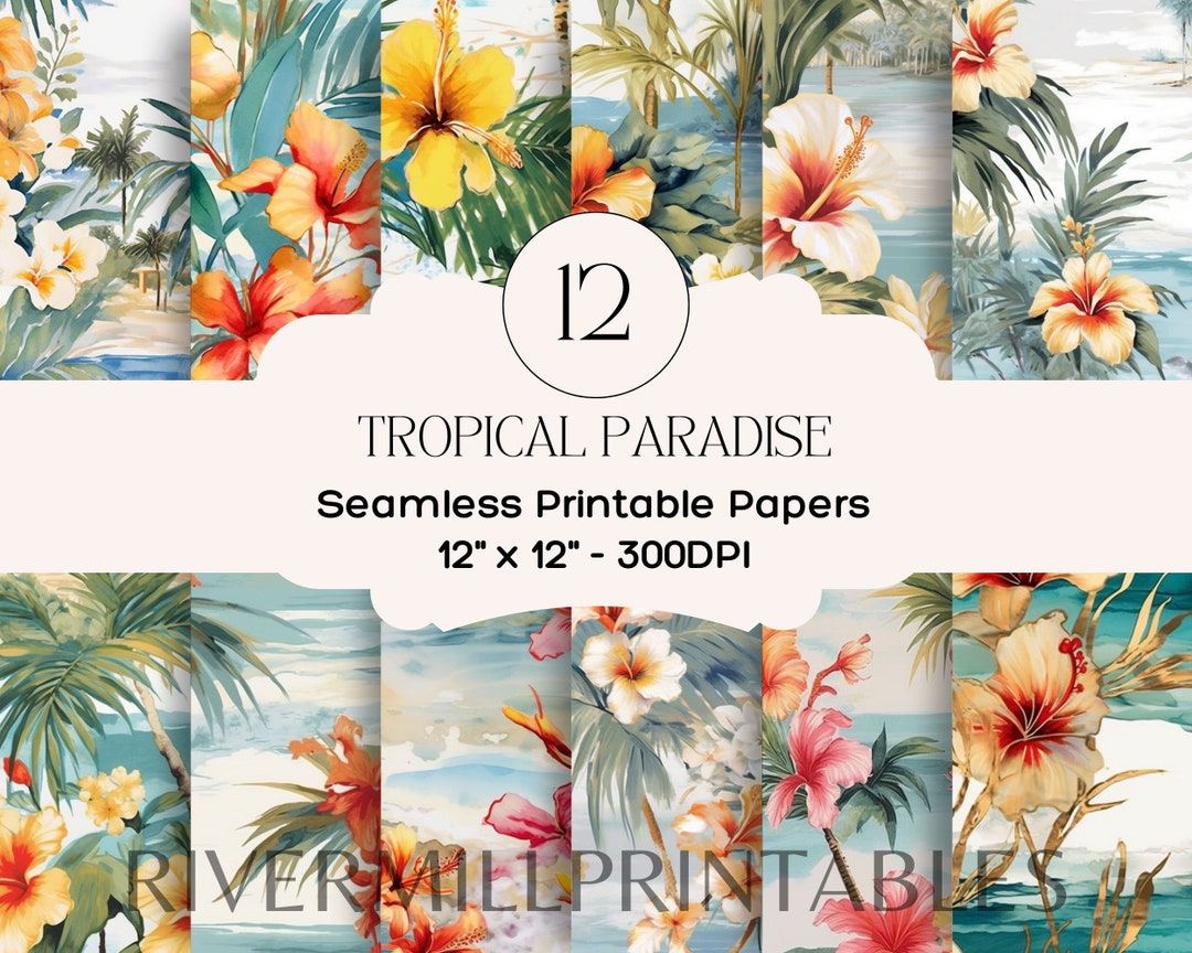 12 Seamless Tropical Paradise Printable Papers, 300DPI JPG Files ...
