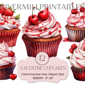 12 Valentijn cupcakes clipart, 300DPI png-bestanden, digitale download - commerciële licentie - kaarten maken - afdrukbare Valentijnsdag