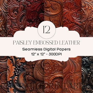 May include: Twelve digital papers featuring a paisley embossed leather design in shades of brown and black. Each paper is 12 inches by 12 inches and 300 DPI.