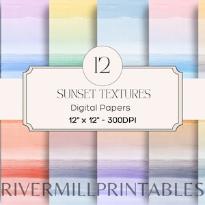 Könnte beinhalten: Zwölf digitale Papiere mit Aquarell-Sonnenuntergangstexturen in verschiedenen Blautönen, Rosa-, Gelb- und Orangetönen. Jedes Papier ist 30,5 cm x 30,5 cm groß und hat 300 DPI. Die Papiere sind mit "Sunset Textures" und "Rivermill Printables" beschriftet.