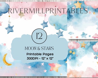 May include: Twelve printable pages featuring watercolor illustrations of clouds, stars, and a crescent moon in shades of blue, pink, and gold. The pages are 12 inches by 12 inches and 300 DPI.