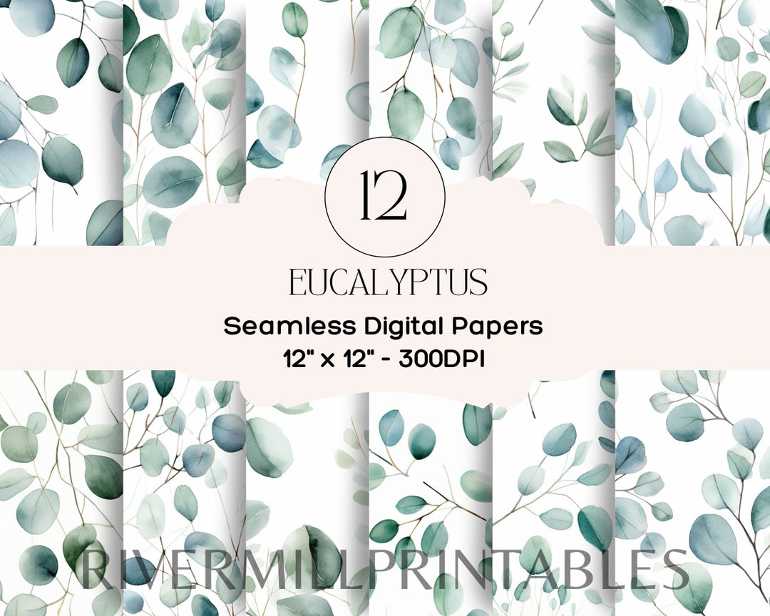 12 Seamless Eucalyptus Leaves Digital Papers, 300DPI JPG Files Digital Download Commercial