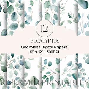 12 papéis digitais de folhas de eucalipto sem costura, arquivos JPG de 300 DPI, download digital, licença comercial - Criação de cartões - Scrapbooking