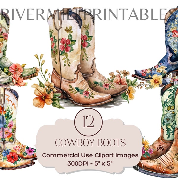 12 Cowboy Boots With Flowers Clipart Images, 300DPI PNG Files, Digital Download - Commercial License - Card Making - Printable Western
