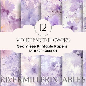 Papeles digitales con flores envejecidas de color violeta descolorido, archivos JPG de 300 DPI, descarga digital, licencia comercial, fabricación de tarjetas, álbumes de recortes