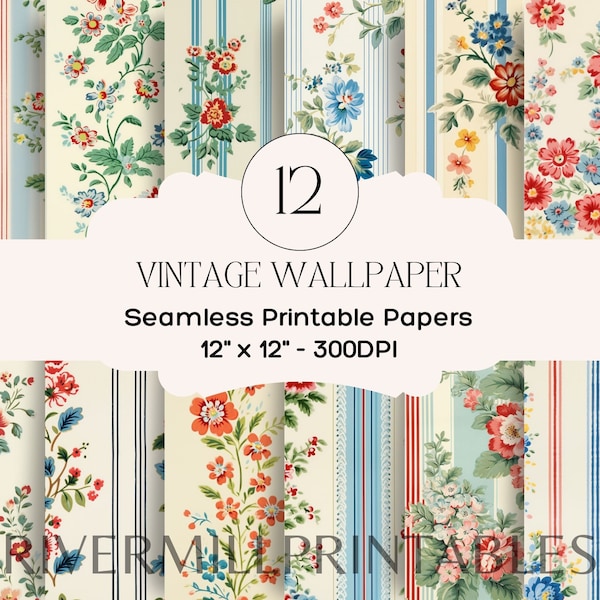 12 Seamless Vintage 1940s Floral Wallpaper Digital Papers, 300DPI JPG Files Digital Download Commercial License - Card Making - Scrapbooking