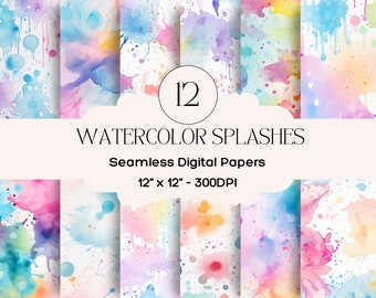 12 Seamless Pastel Watercolor Paint Splash Digital Papers, 300DPI JPG Files Digital Download Commercial License - Card Making - Scrapbooking