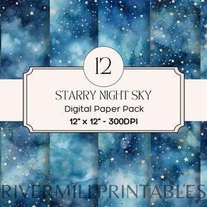 12 papéis digitais de céu estrelado em aquarela, arquivos JPG de 300 DPI, download digital, licença comercial - Criação de cartões - Scrapbooking