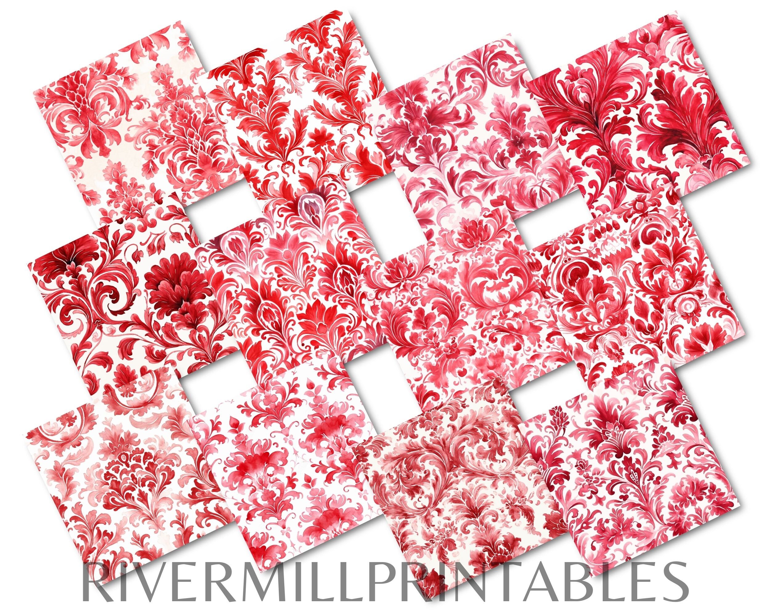 12 Seamless Red Watercolor Damask Digital Papers, 300DPI JPG Files ...