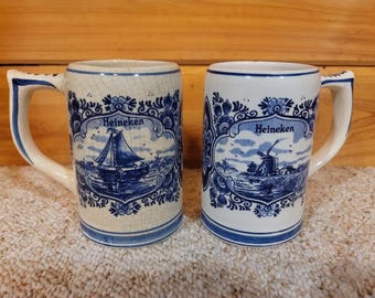 Pair Of Delft Blue Hand Painted Heineken Windmill Beer Tankard Stein Mug Holland