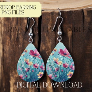 Spring Flowers Sublimation Earring Designs Template PNG, Instant Digital Download, Earring Blanks Design, Teardrop Earring PNG