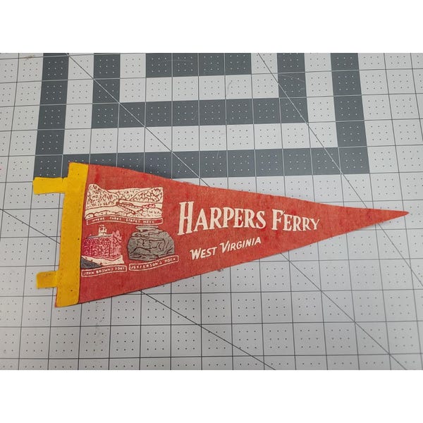 Bandera de fieltro vintage de Harpers Ferry West, Virginia, de los años 60, recuerdo de viaje