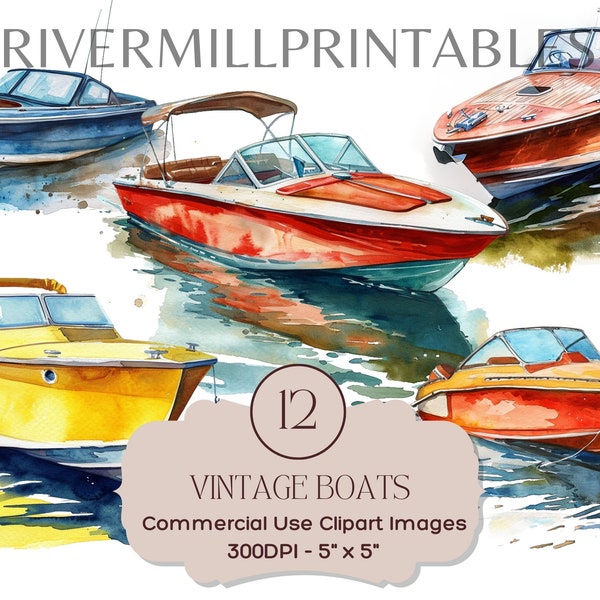 12 Vintage Boats Clipart Images, 300DPI PNG Files, Digital Download - Commercial License - Card Making - Printable Boating Lake Life