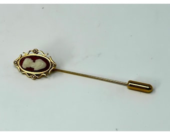 Vintage Avon Cameo Stick Pin Red Gold Tone Faux Pearl Victorian Style Lapel Pin